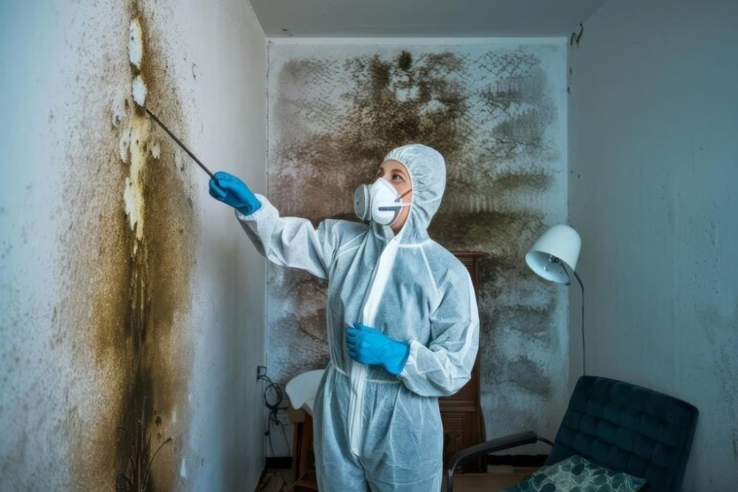 A man dressed in a white suit and blue gloves applies mold spray to a wall as part of a mold removal service in Orlando, FL.