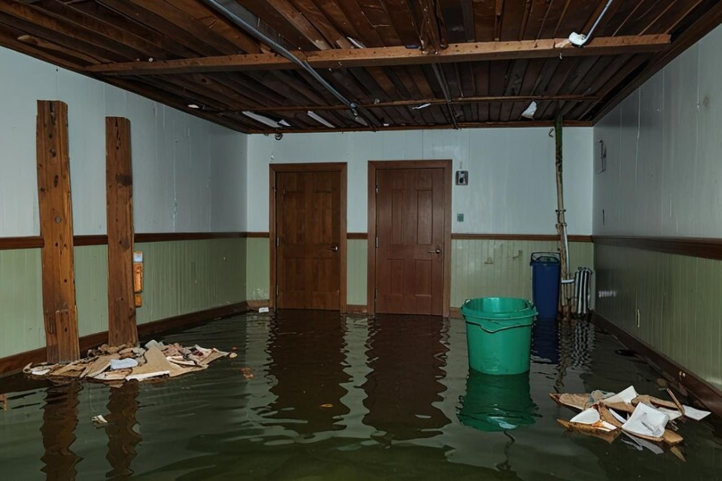 An inundated room containing a trash can and a green bucket, indicating the necessity for water damage restoration in Orlando, FL.